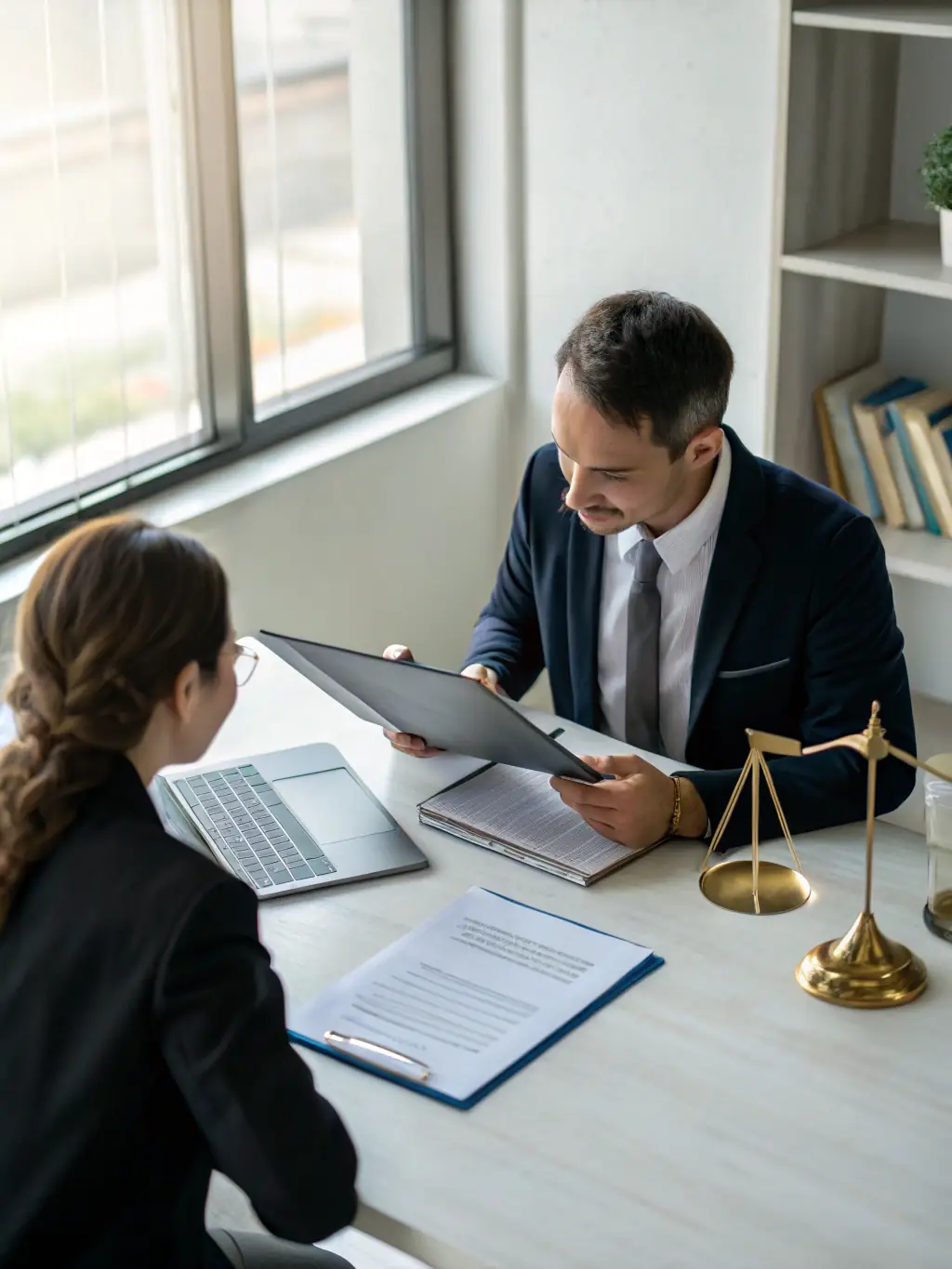 A lawyer in a courtroom, advising a client, representing legal services available to expats in Switzerland.