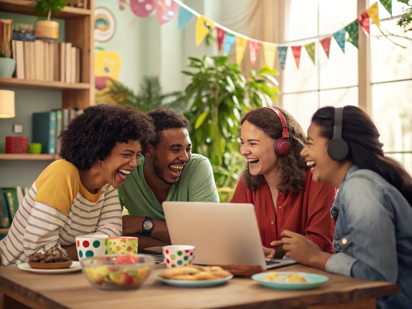 A vibrant image of a diverse group of expats gathered around a table, listening to a podcast and engaging in conversation, symbolizing the strong community aspect of LebenPlus.