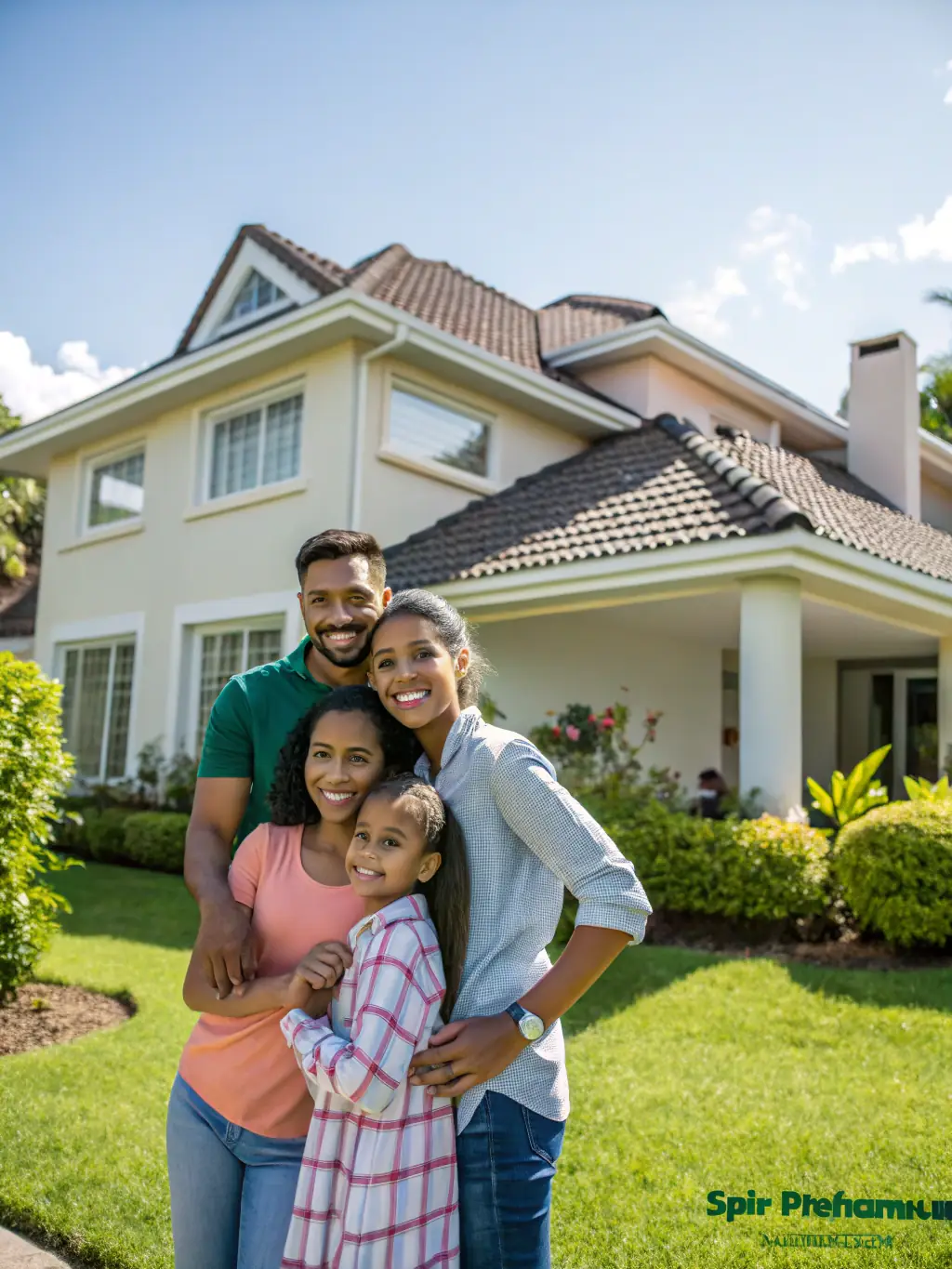 A family standing in front of a house, holding an insurance policy, representing insurance services for expats in Switzerland.